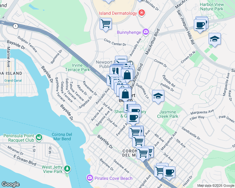 map of restaurants, bars, coffee shops, grocery stores, and more near 2325 East Coast Highway in Newport Beach