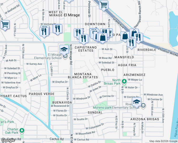 map of restaurants, bars, coffee shops, grocery stores, and more near 12101 West Pershing Avenue in El Mirage
