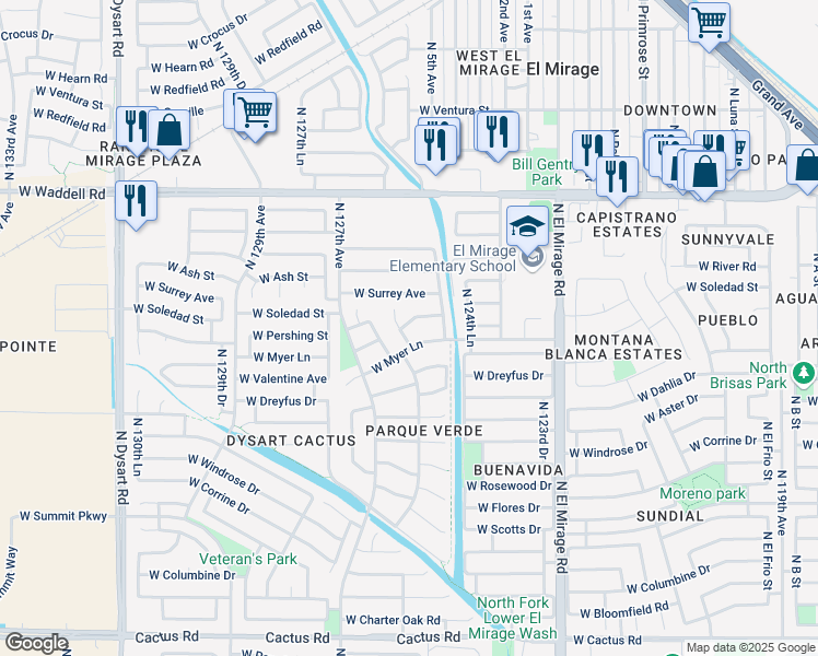 map of restaurants, bars, coffee shops, grocery stores, and more near 12521 West Pershing Street in El Mirage
