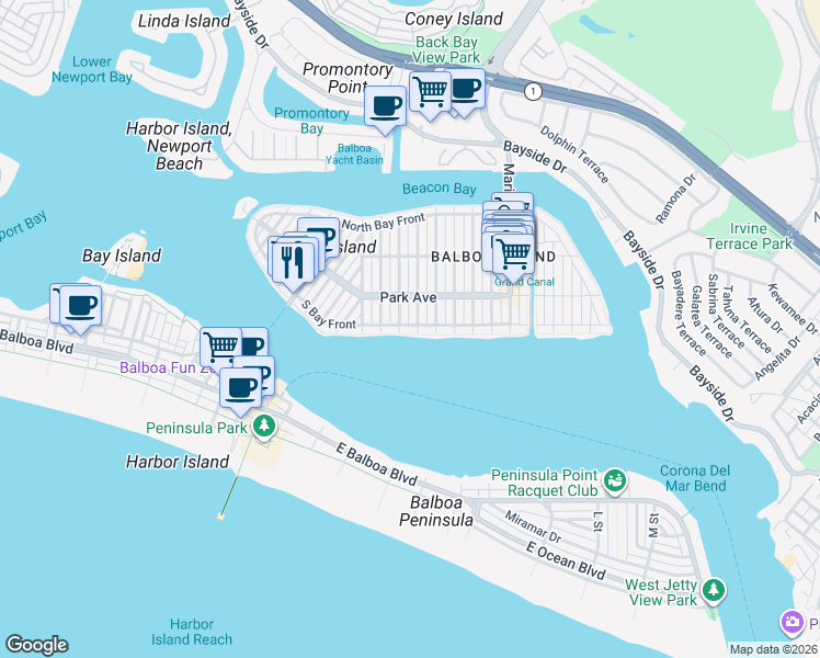 map of restaurants, bars, coffee shops, grocery stores, and more near 859 South Bay Front in Newport Beach