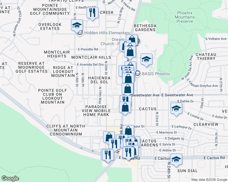 map of restaurants, bars, coffee shops, grocery stores, and more near 2106 East Sweetwater Avenue in Phoenix