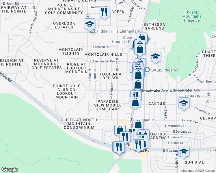map of restaurants, bars, coffee shops, grocery stores, and more near 13010 North 19th Place in Phoenix