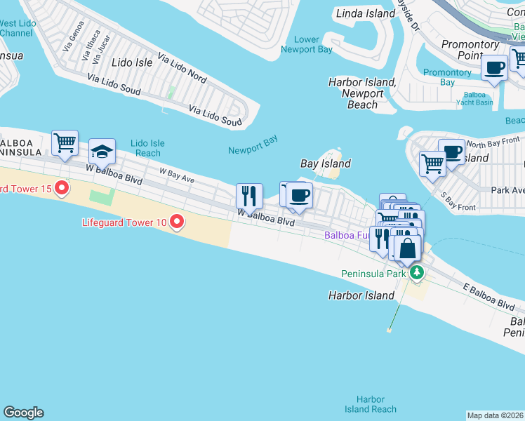 map of restaurants, bars, coffee shops, grocery stores, and more near 200 7th Street in Newport Beach