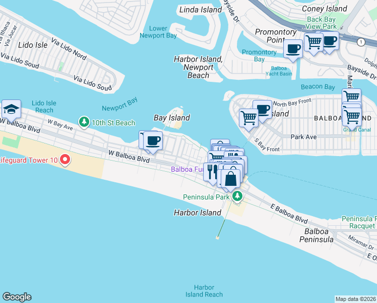map of restaurants, bars, coffee shops, grocery stores, and more near 315 Fernando Street in Newport Beach