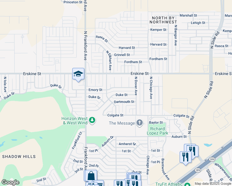 map of restaurants, bars, coffee shops, grocery stores, and more near 5626 Duke Street in Lubbock