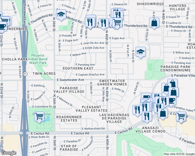 map of restaurants, bars, coffee shops, grocery stores, and more near 3902 East Sweetwater Avenue in Phoenix