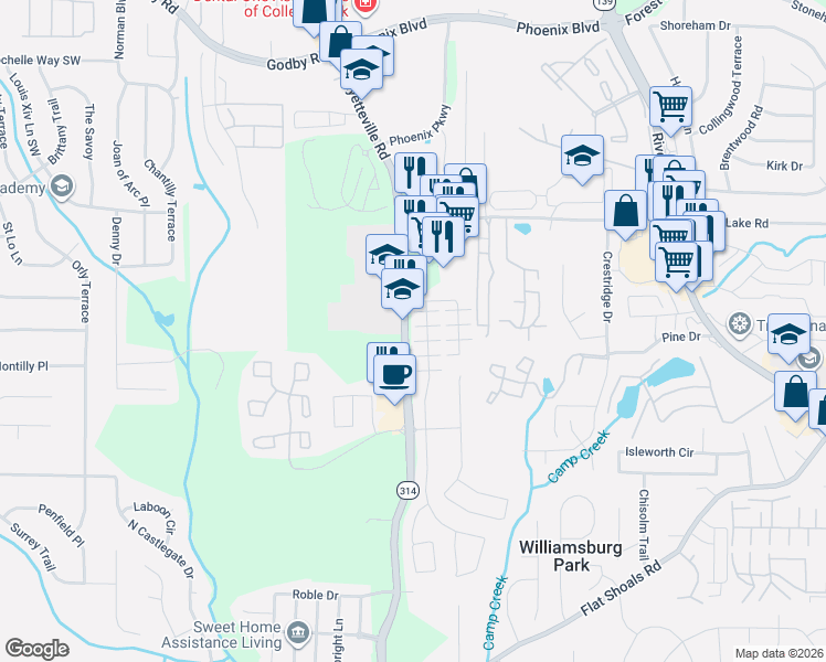 map of restaurants, bars, coffee shops, grocery stores, and more near 1605 Potomac Court in Atlanta