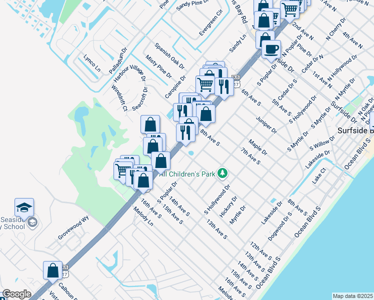 map of restaurants, bars, coffee shops, grocery stores, and more near 999 U.S. 17 Business in Myrtle Beach