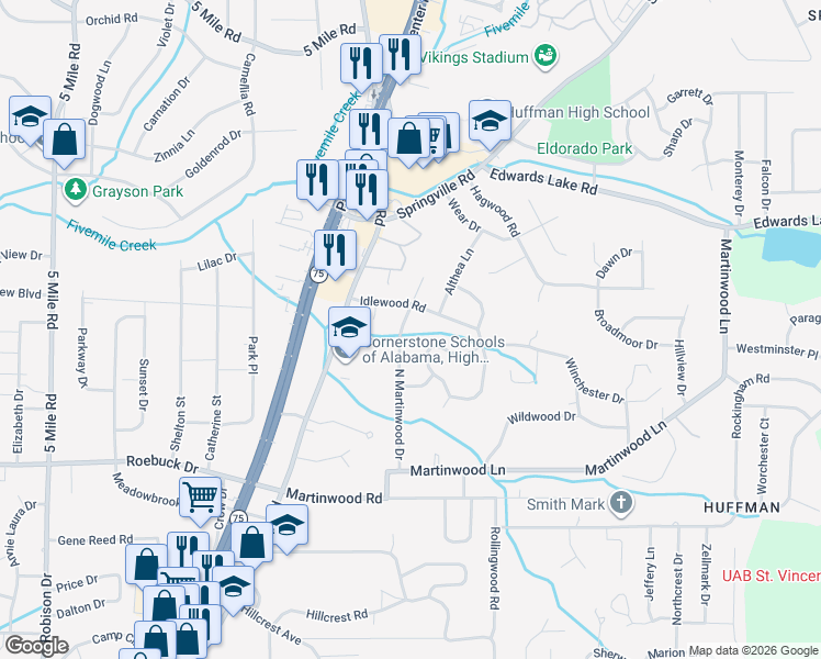map of restaurants, bars, coffee shops, grocery stores, and more near 969 North Martinwood Drive in Birmingham