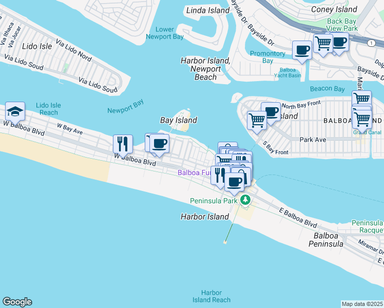 map of restaurants, bars, coffee shops, grocery stores, and more near 310 Alvarado Place in Newport Beach