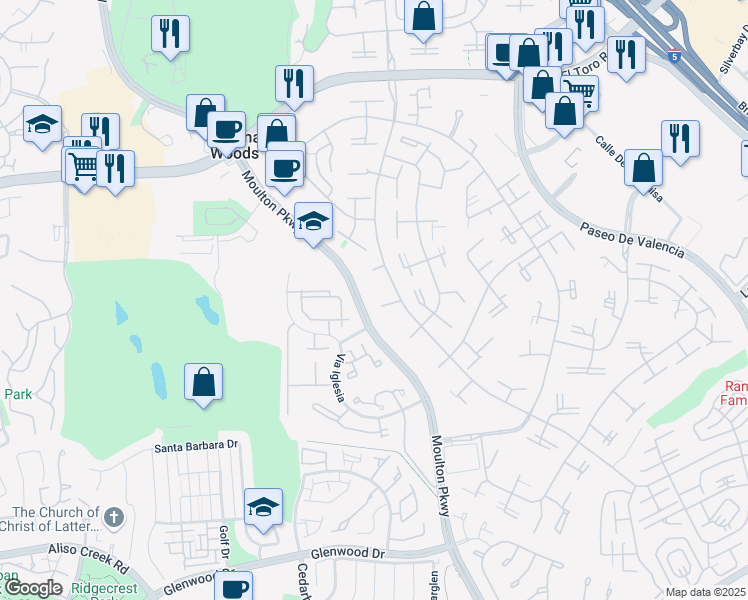 map of restaurants, bars, coffee shops, grocery stores, and more near 348 Avenida Sevilla in Laguna Woods