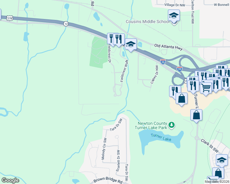 map of restaurants, bars, coffee shops, grocery stores, and more near Fieldcrest Walk Northwest in Covington