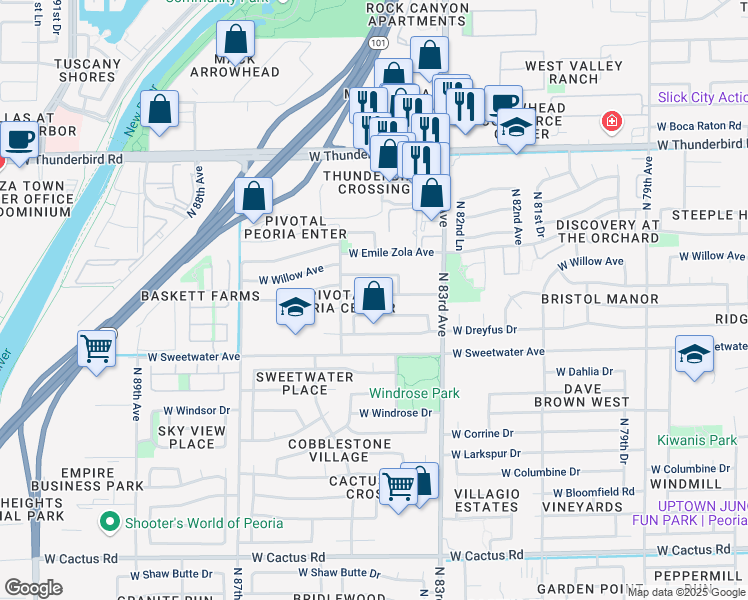 map of restaurants, bars, coffee shops, grocery stores, and more near 8431 West Pershing Avenue in Peoria