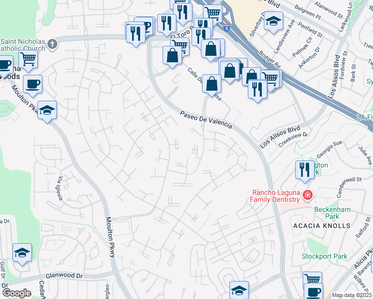 map of restaurants, bars, coffee shops, grocery stores, and more near 111 Via Estrada in Laguna Woods