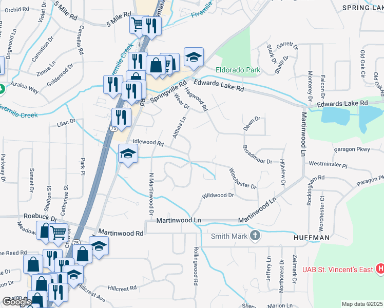 map of restaurants, bars, coffee shops, grocery stores, and more near 1001 Hyacinth Drive in Birmingham