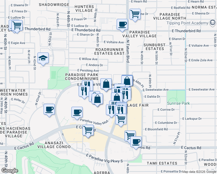 map of restaurants, bars, coffee shops, grocery stores, and more near 4675 East Paradise Village Parkway North in Phoenix