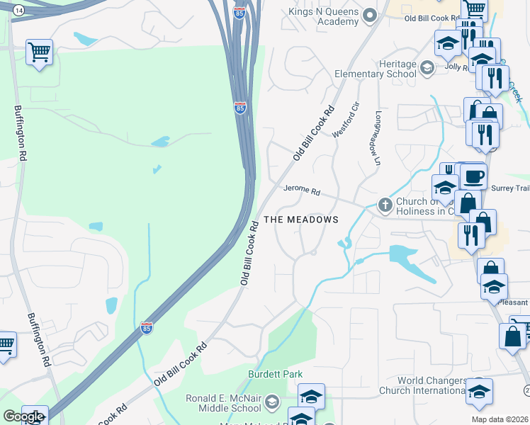map of restaurants, bars, coffee shops, grocery stores, and more near 5557 Sturbridge Way in Atlanta