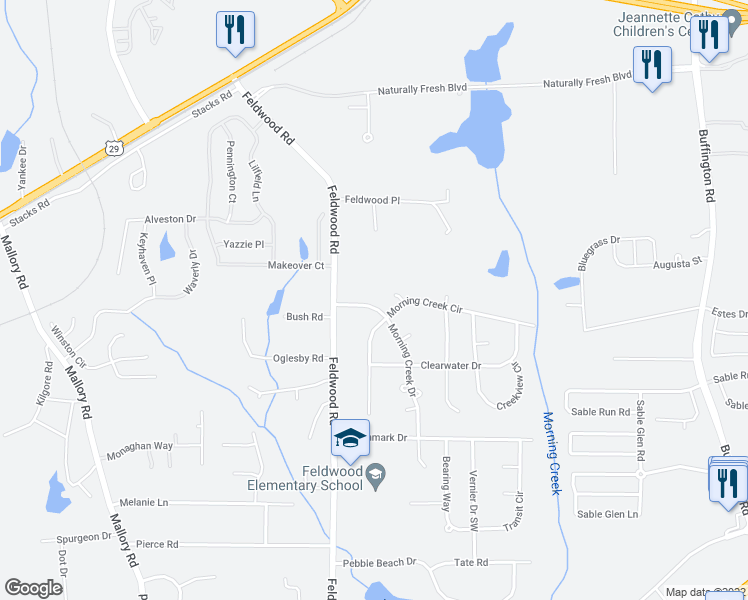 map of restaurants, bars, coffee shops, grocery stores, and more near 3865 Morning Creek Drive in College Park