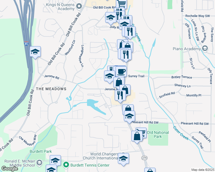 map of restaurants, bars, coffee shops, grocery stores, and more near 2591 Jerome Road in Atlanta