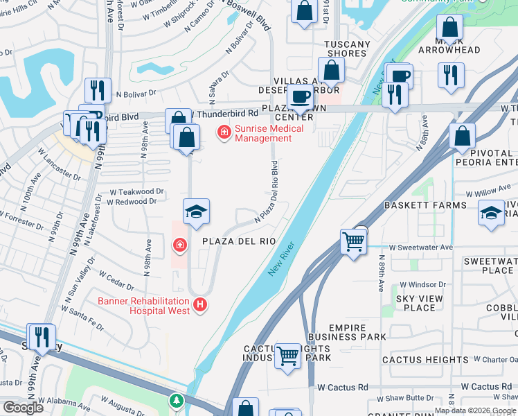 map of restaurants, bars, coffee shops, grocery stores, and more near 9264 West Wood Drive in Peoria