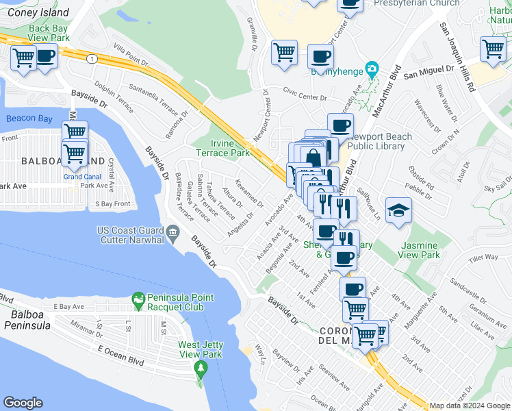 map of restaurants, bars, coffee shops, grocery stores, and more near 521 Angelita Drive in Newport Beach
