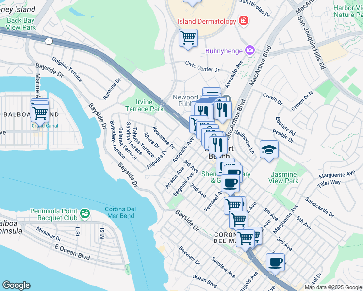 map of restaurants, bars, coffee shops, grocery stores, and more near 749 Avocado Avenue in Newport Beach