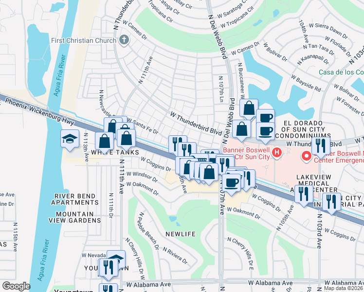 map of restaurants, bars, coffee shops, grocery stores, and more near 10825 West Santa Fe Drive in Sun City