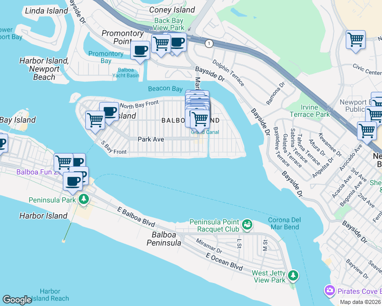 map of restaurants, bars, coffee shops, grocery stores, and more near 104 Onyx Avenue in Newport Beach
