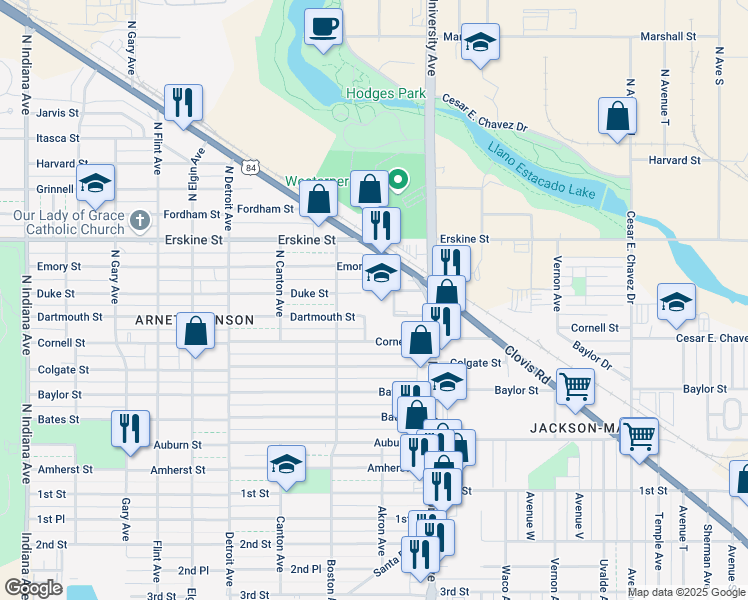 map of restaurants, bars, coffee shops, grocery stores, and more near 417 North Akron Avenue in Lubbock