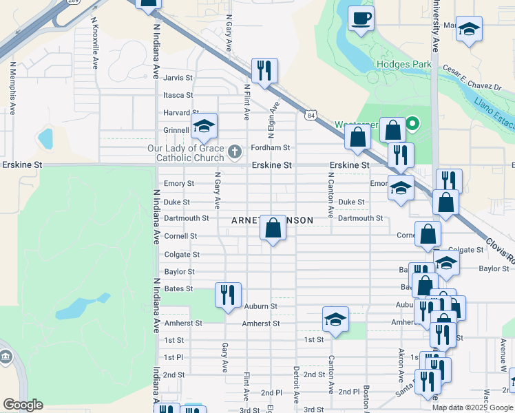 map of restaurants, bars, coffee shops, grocery stores, and more near 3009 Duke Street in Lubbock