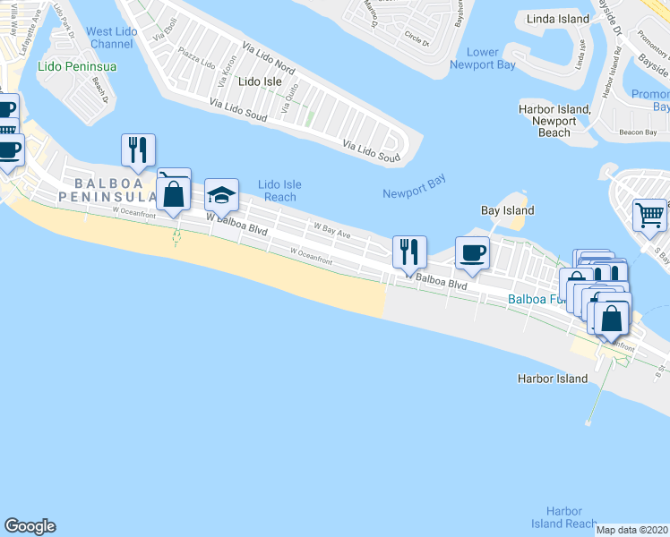 map of restaurants, bars, coffee shops, grocery stores, and more near 930 West Oceanfront in Newport Beach
