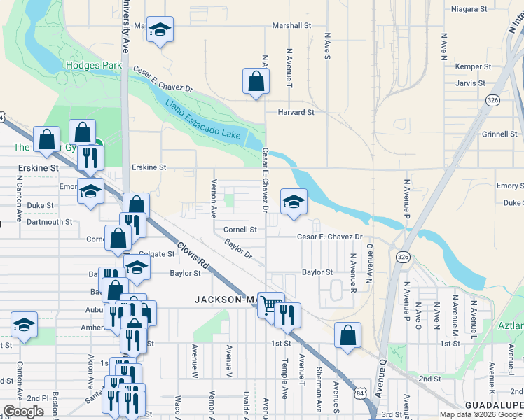 map of restaurants, bars, coffee shops, grocery stores, and more near 405-499 N Avenue U in Lubbock
