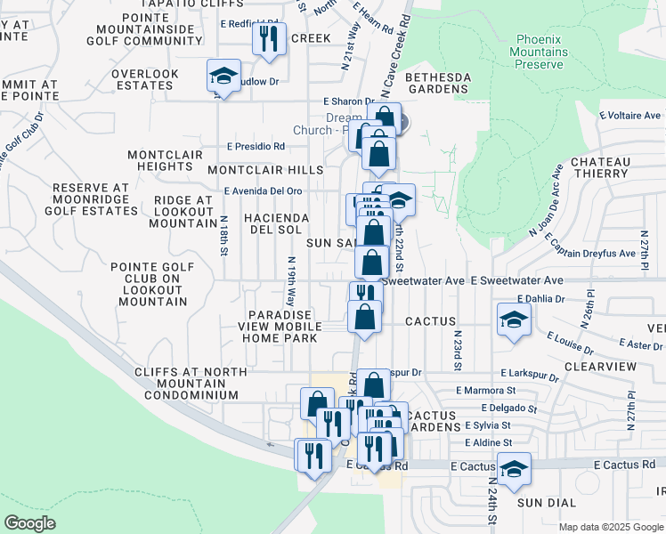 map of restaurants, bars, coffee shops, grocery stores, and more near 2106 East Sweetwater Avenue in Phoenix