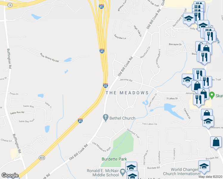 map of restaurants, bars, coffee shops, grocery stores, and more near 5557 Sturbridge Way in Atlanta