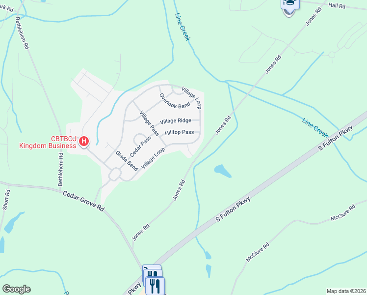 map of restaurants, bars, coffee shops, grocery stores, and more near 5757 Village Loop in Fairburn