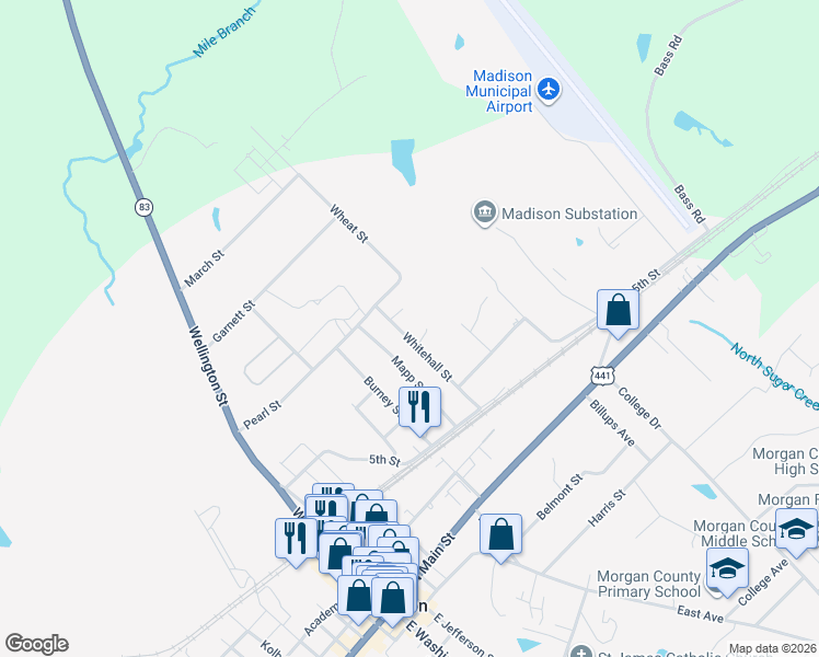 map of restaurants, bars, coffee shops, grocery stores, and more near 985 Whitehall Street in Madison