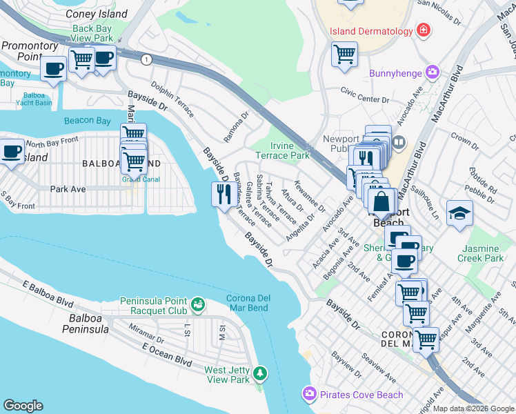map of restaurants, bars, coffee shops, grocery stores, and more near 1901 Sabrina Terrace in Newport Beach