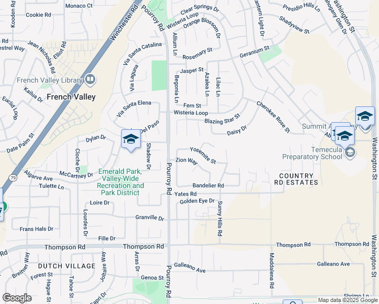 map of restaurants, bars, coffee shops, grocery stores, and more near 32087 Yosemite Street in Winchester