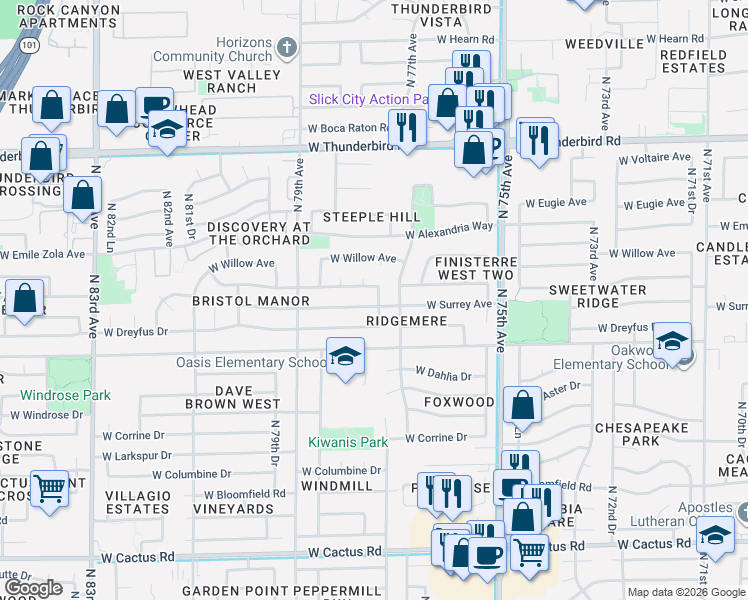map of restaurants, bars, coffee shops, grocery stores, and more near 7720 West Surrey Avenue in Peoria