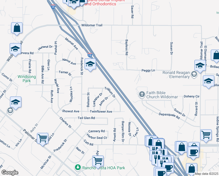 map of restaurants, bars, coffee shops, grocery stores, and more near 23182 Trillium Drive in Wildomar