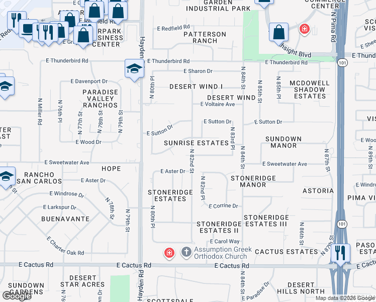 map of restaurants, bars, coffee shops, grocery stores, and more near 13034 North 82nd Street in Scottsdale