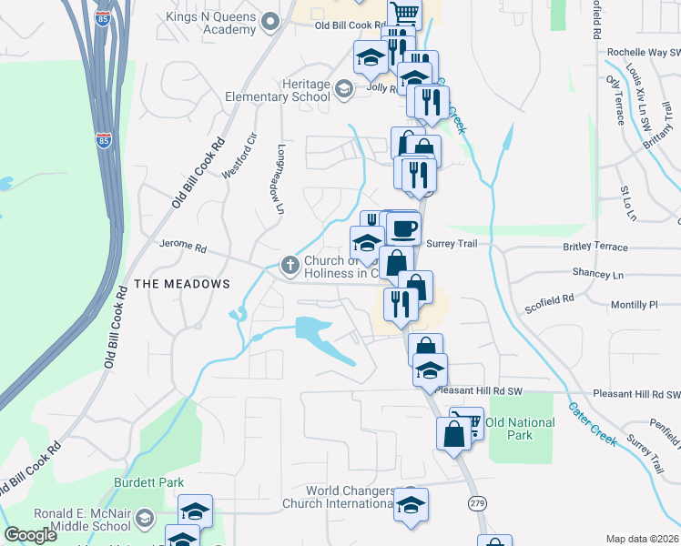 map of restaurants, bars, coffee shops, grocery stores, and more near 2625 Jerome Road in College Park