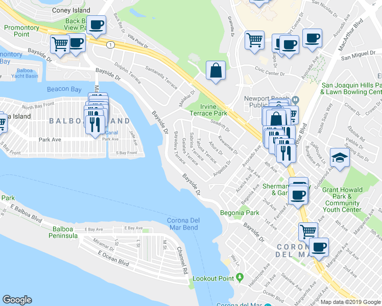 map of restaurants, bars, coffee shops, grocery stores, and more near 1901 Sabrina Terrace in Newport Beach