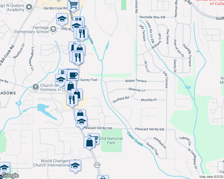 map of restaurants, bars, coffee shops, grocery stores, and more near 2351 Shancey Lane in College Park