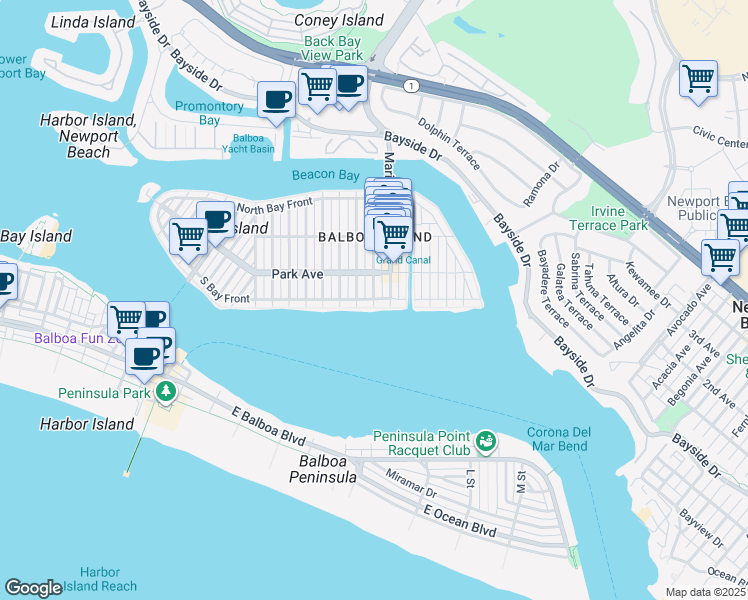 map of restaurants, bars, coffee shops, grocery stores, and more near 5 Onyx Avenue in Newport Beach