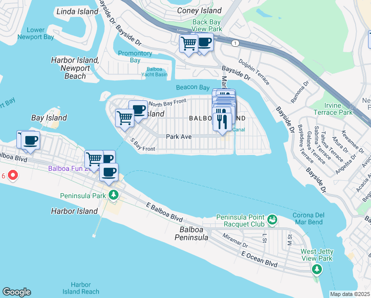 map of restaurants, bars, coffee shops, grocery stores, and more near 926 South Bay Front in Newport Beach
