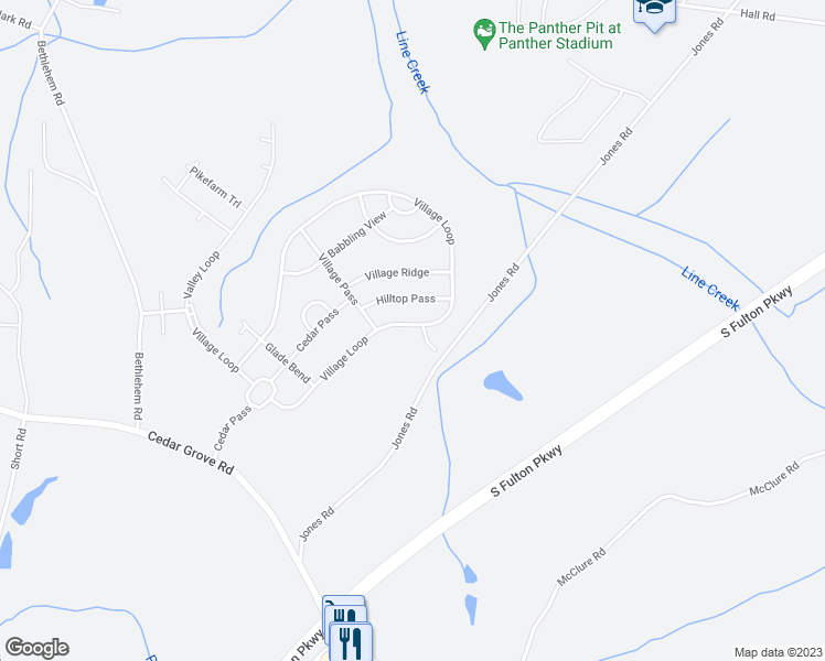 map of restaurants, bars, coffee shops, grocery stores, and more near 5757 Village Loop in Fairburn