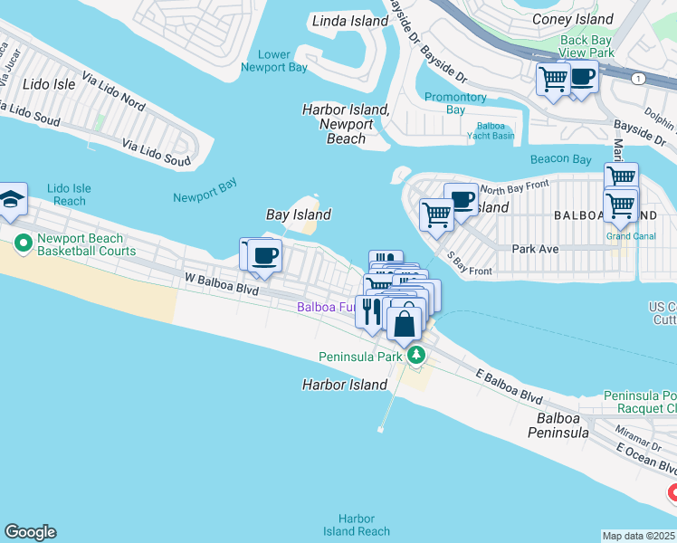 map of restaurants, bars, coffee shops, grocery stores, and more near 318 Coronado Street in Newport Beach