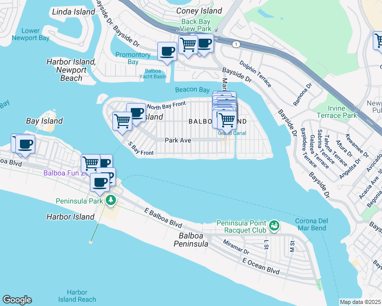 map of restaurants, bars, coffee shops, grocery stores, and more near 2 Coral Avenue in Newport Beach