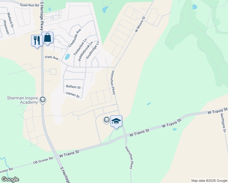 map of restaurants, bars, coffee shops, grocery stores, and more near 2519 West Moore Street in Sherman